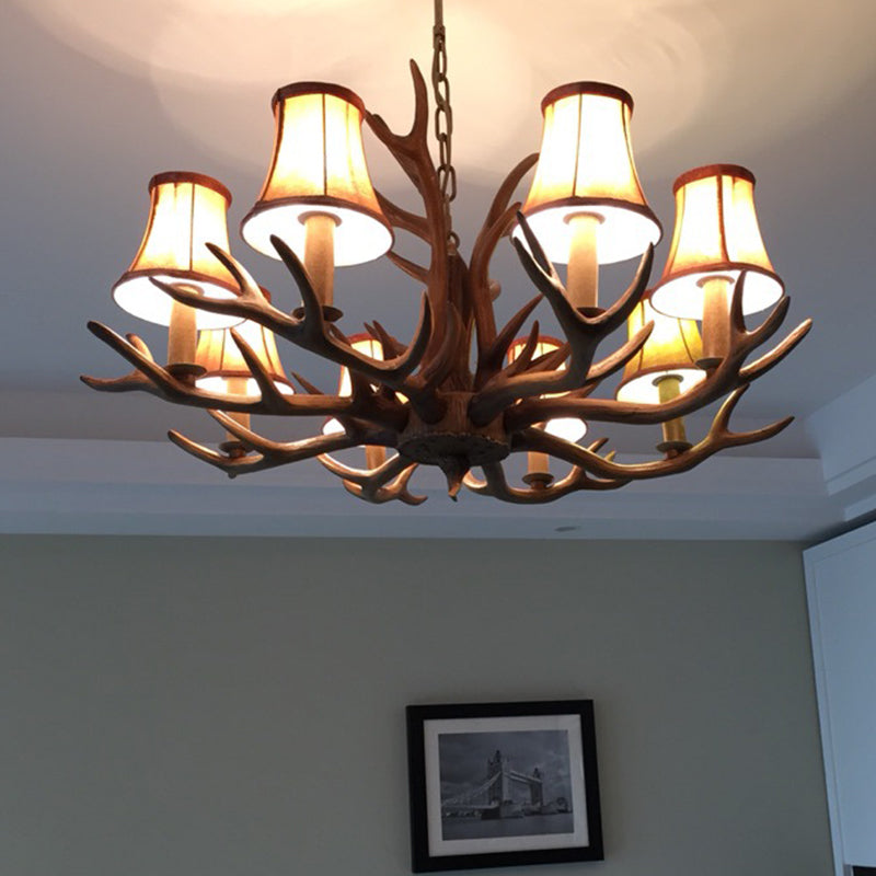 8-Head Faux Antler Pendant Lamp Rural Brown Fabric Flared Shade Chandelier Lighting for Dining Room Brown Clearhalo 'Ceiling Lights' 'Chandeliers' Lighting' options 1910988_81414c65-9c14-433e-ba6a-ad9aca36803c