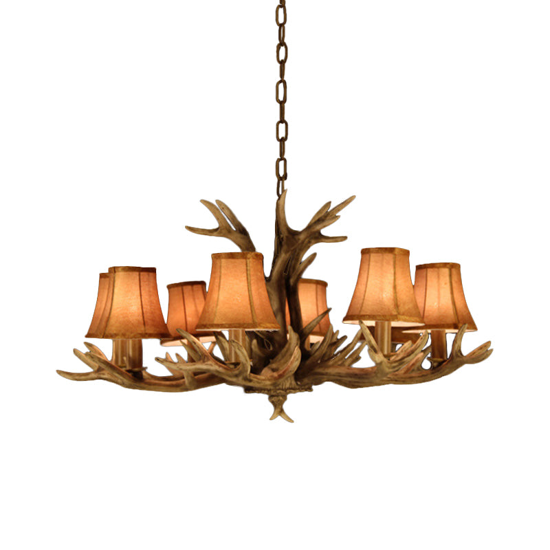 8-Head Faux Antler Pendant Lamp Rural Brown Fabric Flared Shade Chandelier Lighting for Dining Room Clearhalo 'Ceiling Lights' 'Chandeliers' Lighting' options 1910990