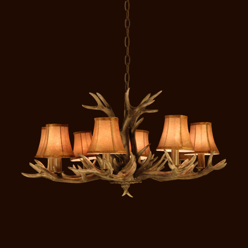 8-Head Faux Antler Pendant Lamp Rural Brown Fabric Flared Shade Chandelier Lighting for Dining Room Clearhalo 'Ceiling Lights' 'Chandeliers' Lighting' options 1910991