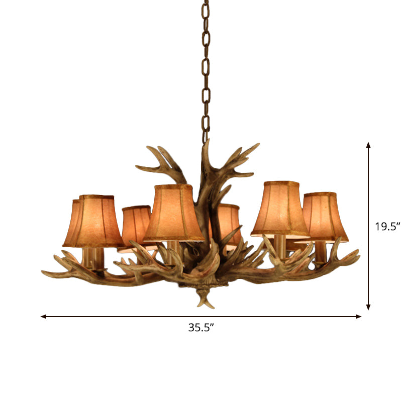 8-Head Faux Antler Pendant Lamp Rural Brown Fabric Flared Shade Chandelier Lighting for Dining Room Clearhalo 'Ceiling Lights' 'Chandeliers' Lighting' options 1910992