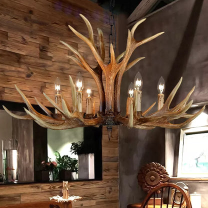 Resin Stag Antler Chandelier Countryside 6/8/10 Lights Restaurant Pendant Lighting Fixture in Brown 6 Brown Clearhalo 'Ceiling Lights' 'Chandeliers' Lighting' options 1910997_8fc7e56f-2546-4e87-b1fb-9513ff6813ef