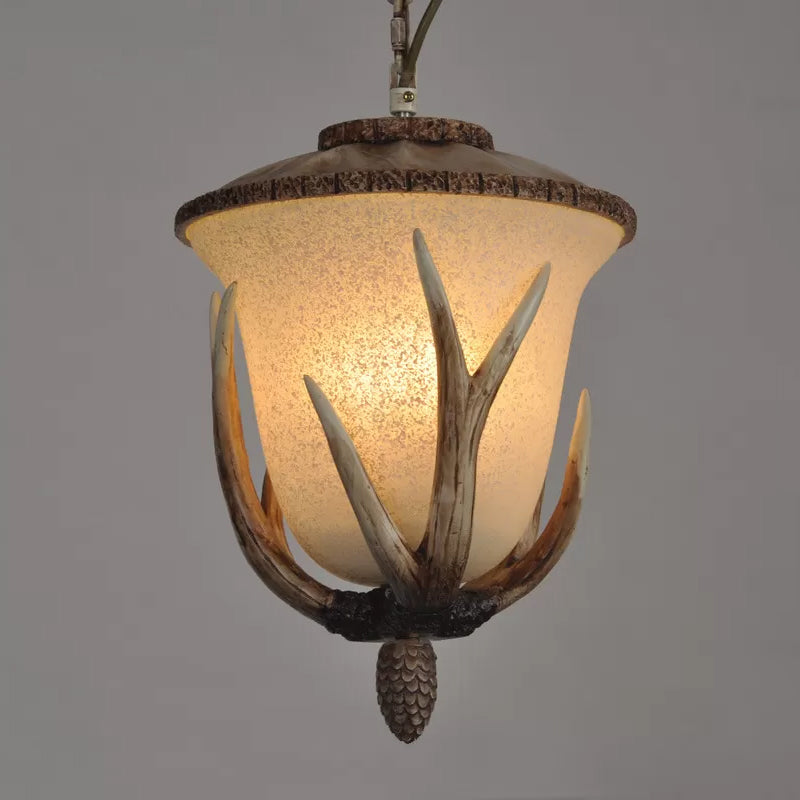 Single-Bulb Pendant Light Country Bistro Antler Detailed Hanging Lamp with Bell White Glass Shade in Brown Clearhalo 'Ceiling Lights' 'Pendant Lights' 'Pendants' Lighting' 1911087