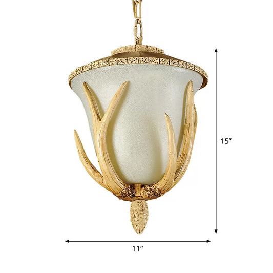 Single-Bulb Pendant Light Country Bistro Antler Detailed Hanging Lamp with Bell White Glass Shade in Brown Clearhalo 'Ceiling Lights' 'Pendant Lights' 'Pendants' Lighting' 1911088