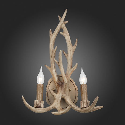 2 Heads Antler Wall Light Fixture Rustic Coffee/Brown/Grey Resin Wall Mounted Lamp with Naked Bulb Design Clearhalo 'Wall Lamps & Sconces' 'Wall Lights' Lighting' 1911090