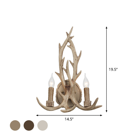 2 Heads Antler Wall Light Fixture Rustic Coffee/Brown/Grey Resin Wall Mounted Lamp with Naked Bulb Design Clearhalo 'Wall Lamps & Sconces' 'Wall Lights' Lighting' 1911091