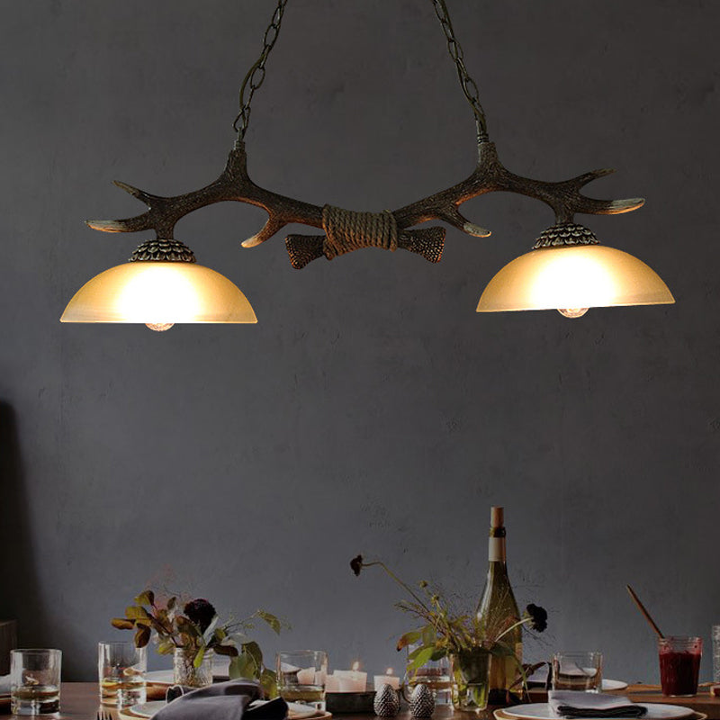 Milk Glass Bowl Island Pendant Rural 2 Bulbs Dining Room Suspension Light with Faux Antler Clearhalo 'Ceiling Lights' 'Glass shade' 'Glass' 'Island Lights' 'Pendant Lights' Lighting' 1911096