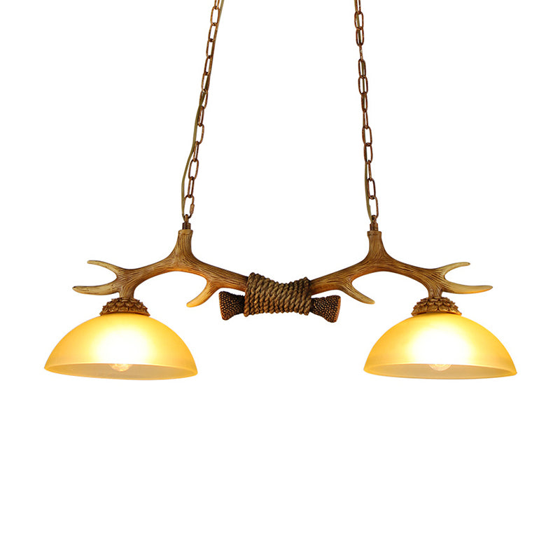Milk Glass Bowl Island Pendant Rural 2 Bulbs Dining Room Suspension Light with Faux Antler Clearhalo 'Ceiling Lights' 'Glass shade' 'Glass' 'Island Lights' 'Pendant Lights' Lighting' 1911097