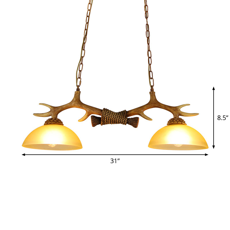 Milk Glass Bowl Island Pendant Rural 2 Bulbs Dining Room Suspension Light with Faux Antler Clearhalo 'Ceiling Lights' 'Glass shade' 'Glass' 'Island Lights' 'Pendant Lights' Lighting' 1911099