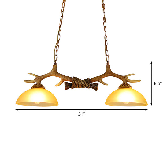 Milk Glass Bowl Island Pendant Rural 2 Bulbs Dining Room Suspension Light with Faux Antler Clearhalo 'Ceiling Lights' 'Glass shade' 'Glass' 'Island Lights' 'Pendant Lights' Lighting' 1911099