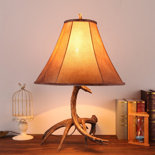 Brown Wide Flared Night Lamp Farmhouse Fabric 1 Head Bedroom Table Light with Antler Base Brown Clearhalo 'Lamps' 'Table Lamps' Lighting' 1911100
