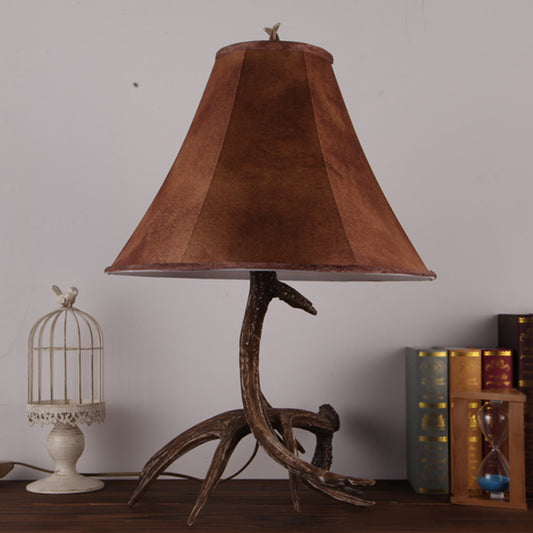 Brown Wide Flared Night Lamp Farmhouse Fabric 1 Head Bedroom Table Light with Antler Base Clearhalo 'Lamps' 'Table Lamps' Lighting' 1911101