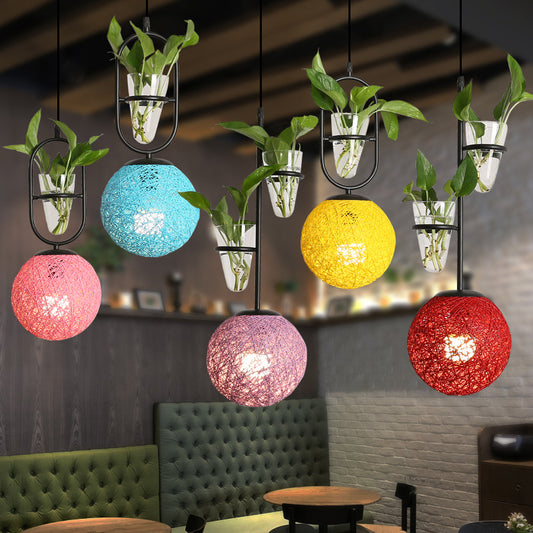 Rattan Globe Hanging Ceiling Light Macaron 1 Head Kitchen Drop Pendant in Beige/Red/Pink with Plant Pot Clearhalo 'Art Deco Pendants' 'Cast Iron' 'Ceiling Lights' 'Ceramic' 'Crystal' 'Industrial Pendants' 'Industrial' 'Metal' 'Middle Century Pendants' 'Pendant Lights' 'Pendants' 'Tiffany' Lighting' 1911105
