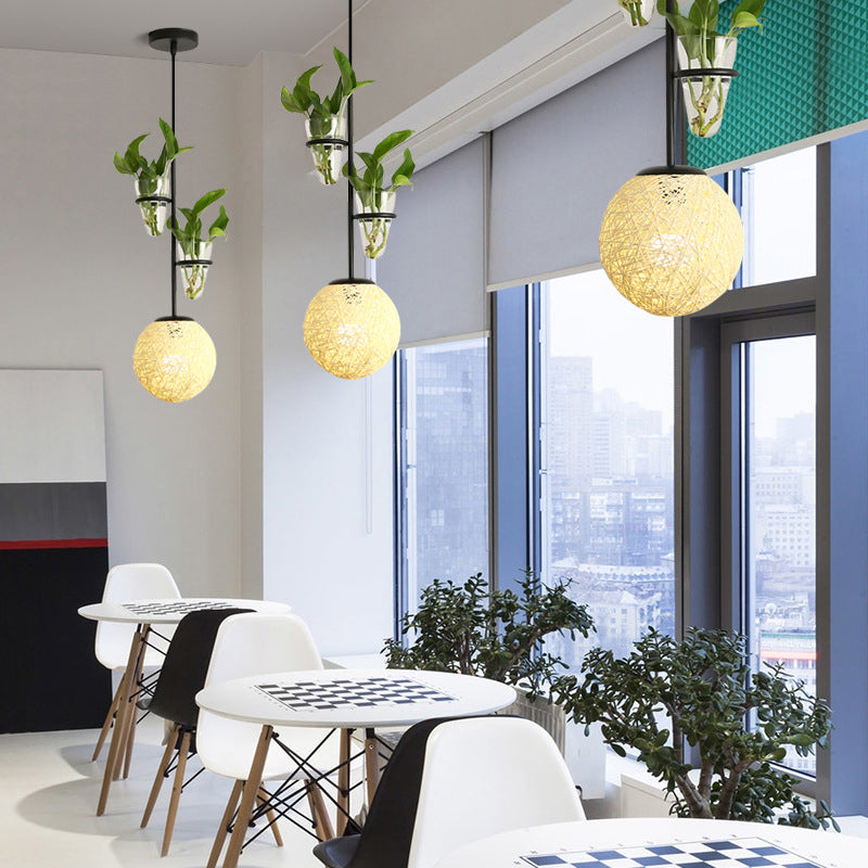 Rattan Globe Hanging Ceiling Light Macaron 1 Head Kitchen Drop Pendant in Beige/Red/Pink with Plant Pot Beige Clearhalo 'Art Deco Pendants' 'Cast Iron' 'Ceiling Lights' 'Ceramic' 'Crystal' 'Industrial Pendants' 'Industrial' 'Metal' 'Middle Century Pendants' 'Pendant Lights' 'Pendants' 'Tiffany' Lighting' 1911122