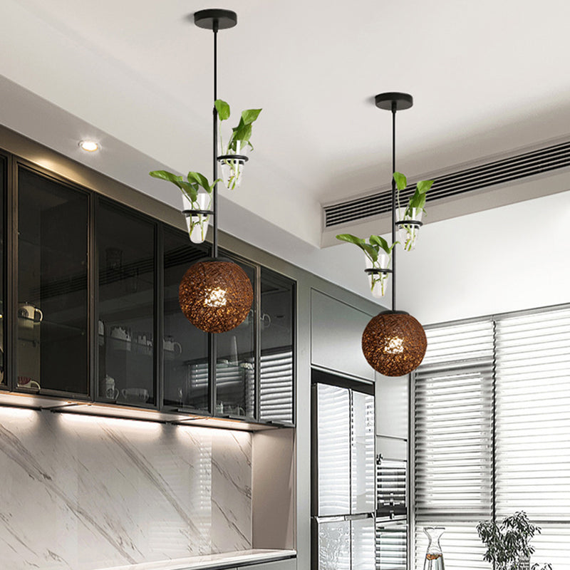 Rattan Globe Hanging Ceiling Light Macaron 1 Head Kitchen Drop Pendant in Beige/Red/Pink with Plant Pot Brown Clearhalo 'Art Deco Pendants' 'Cast Iron' 'Ceiling Lights' 'Ceramic' 'Crystal' 'Industrial Pendants' 'Industrial' 'Metal' 'Middle Century Pendants' 'Pendant Lights' 'Pendants' 'Tiffany' Lighting' 1911125