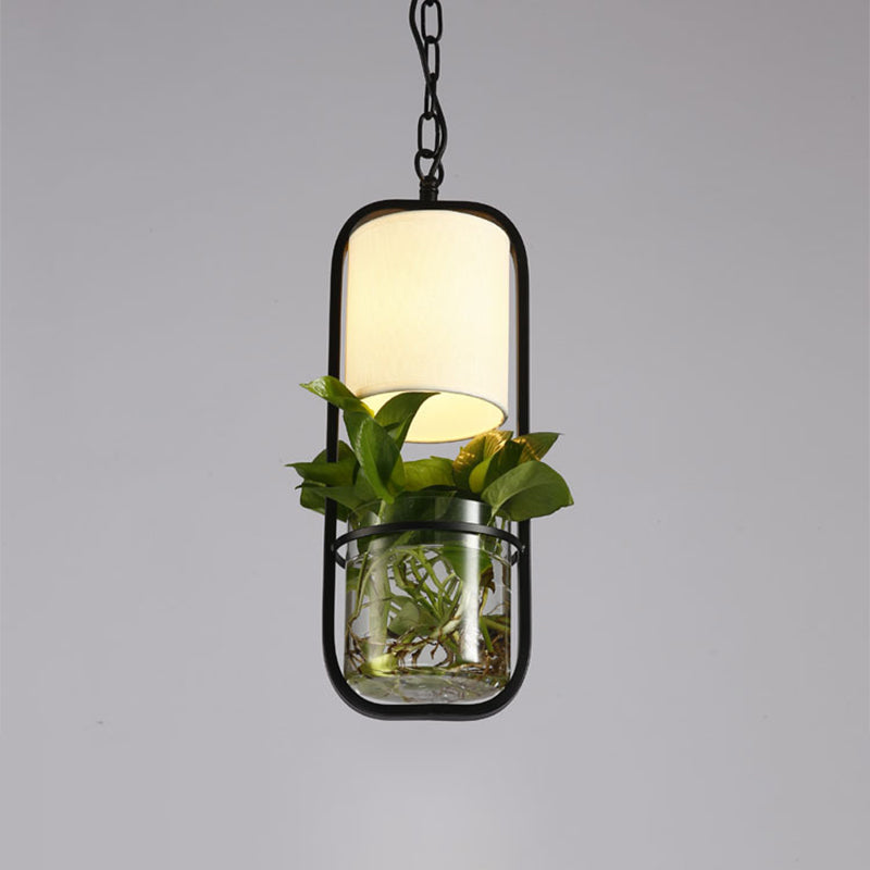 Black/Gold 1-Bulb Suspension Lamp Country Fabric Barrel/Clear Glass Bell Shade Drop Pendant with Plant Container Clearhalo 'Art Deco Pendants' 'Black' 'Cast Iron' 'Ceiling Lights' 'Ceramic' 'Crystal' 'Industrial Pendants' 'Industrial' 'Metal' 'Middle Century Pendants' 'Pendant Lights' 'Pendants' 'Rustic Pendants' 'Tiffany' Lighting' 1911141