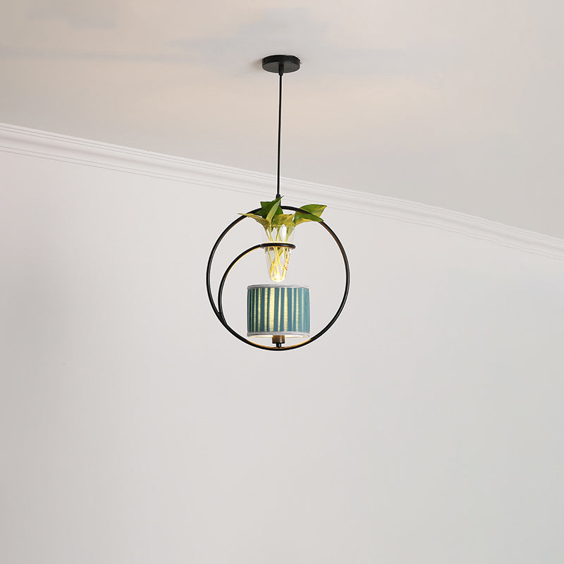 Fabric Tapered/Cylinder Pendant Light Rustic 1 Bulb Cafe Ceiling Light with Plant Pot and Oval/Trapezoid Frame in Black Clearhalo 'Art Deco Pendants' 'Black' 'Cast Iron' 'Ceiling Lights' 'Ceramic' 'Crystal' 'Industrial Pendants' 'Industrial' 'Metal' 'Middle Century Pendants' 'Pendant Lights' 'Pendants' 'Rustic Pendants' 'Tiffany' Lighting' 1911167