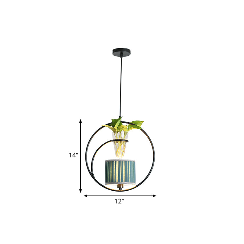 Fabric Tapered/Cylinder Pendant Light Rustic 1 Bulb Cafe Ceiling Light with Plant Pot and Oval/Trapezoid Frame in Black Clearhalo 'Art Deco Pendants' 'Black' 'Cast Iron' 'Ceiling Lights' 'Ceramic' 'Crystal' 'Industrial Pendants' 'Industrial' 'Metal' 'Middle Century Pendants' 'Pendant Lights' 'Pendants' 'Rustic Pendants' 'Tiffany' Lighting' 1911169