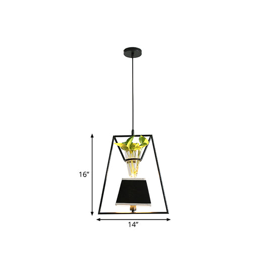 Fabric Tapered/Cylinder Pendant Light Rustic 1 Bulb Cafe Ceiling Light with Plant Pot and Oval/Trapezoid Frame in Black Clearhalo 'Art Deco Pendants' 'Black' 'Cast Iron' 'Ceiling Lights' 'Ceramic' 'Crystal' 'Industrial Pendants' 'Industrial' 'Metal' 'Middle Century Pendants' 'Pendant Lights' 'Pendants' 'Rustic Pendants' 'Tiffany' Lighting' 1911180