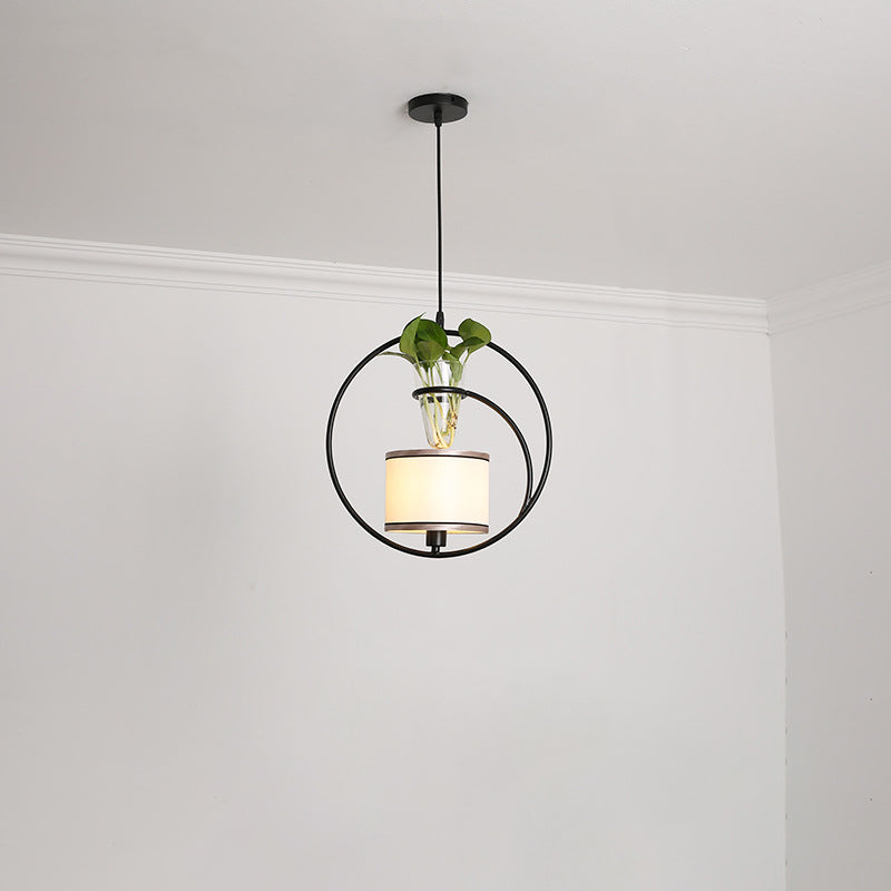 Fabric Tapered/Cylinder Pendant Light Rustic 1 Bulb Cafe Ceiling Light with Plant Pot and Oval/Trapezoid Frame in Black Black Round Clearhalo 'Art Deco Pendants' 'Black' 'Cast Iron' 'Ceiling Lights' 'Ceramic' 'Crystal' 'Industrial Pendants' 'Industrial' 'Metal' 'Middle Century Pendants' 'Pendant Lights' 'Pendants' 'Rustic Pendants' 'Tiffany' Lighting' 1911181
