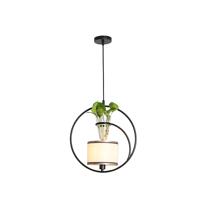 Fabric Tapered/Cylinder Pendant Light Rustic 1 Bulb Cafe Ceiling Light with Plant Pot and Oval/Trapezoid Frame in Black Clearhalo 'Art Deco Pendants' 'Black' 'Cast Iron' 'Ceiling Lights' 'Ceramic' 'Crystal' 'Industrial Pendants' 'Industrial' 'Metal' 'Middle Century Pendants' 'Pendant Lights' 'Pendants' 'Rustic Pendants' 'Tiffany' Lighting' 1911182