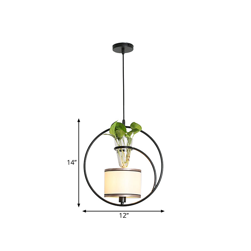 Fabric Tapered/Cylinder Pendant Light Rustic 1 Bulb Cafe Ceiling Light with Plant Pot and Oval/Trapezoid Frame in Black Clearhalo 'Art Deco Pendants' 'Black' 'Cast Iron' 'Ceiling Lights' 'Ceramic' 'Crystal' 'Industrial Pendants' 'Industrial' 'Metal' 'Middle Century Pendants' 'Pendant Lights' 'Pendants' 'Rustic Pendants' 'Tiffany' Lighting' 1911183