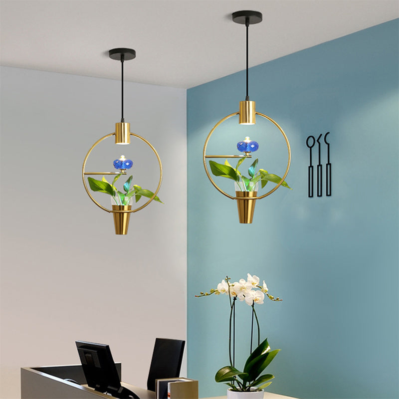 Metal LED Pendulum Light Loft Black/Gold Circle/Oval/Rectangle Dining Room Pendant Lamp with Plant Container Gold Round Clearhalo 'Art Deco Pendants' 'Black' 'Cast Iron' 'Ceiling Lights' 'Ceramic' 'Crystal' 'Industrial Pendants' 'Industrial' 'Metal' 'Middle Century Pendants' 'Pendant Lights' 'Pendants' 'Rustic Pendants' 'Tiffany' Lighting' 1911196
