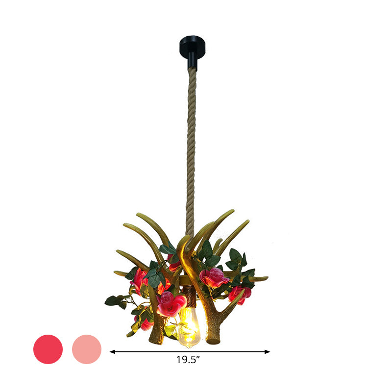 1 Head Antler Ceiling Pendant Farmhouse Pink/Rose Red Resin Flower Hanging Light over Table Clearhalo 'Ceiling Lights' 'Industrial Pendants' 'Industrial' 'Middle Century Pendants' 'Pendant Lights' 'Pendants' 'Tiffany' Lighting' 1911215