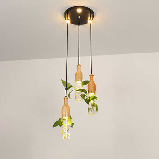 3/5 Lights Clear Glass Cluster Pendant Lodge Black Bottle Dining Room Ceiling Light with Round/Linear Canopy 3 Black Round Clearhalo 'Ceiling Lights' 'Glass shade' 'Glass' 'Industrial Pendants' 'Industrial' 'Middle Century Pendants' 'Pendant Lights' 'Pendants' 'Tiffany' Lighting' 1911224