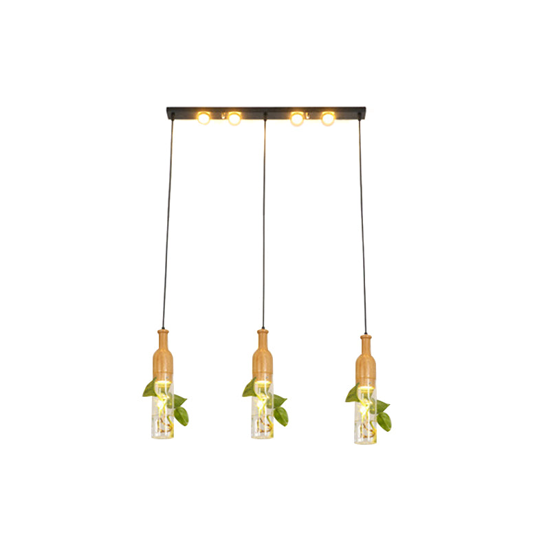 3/5 Lights Clear Glass Cluster Pendant Lodge Black Bottle Dining Room Ceiling Light with Round/Linear Canopy Clearhalo 'Ceiling Lights' 'Glass shade' 'Glass' 'Industrial Pendants' 'Industrial' 'Middle Century Pendants' 'Pendant Lights' 'Pendants' 'Tiffany' Lighting' 1911228