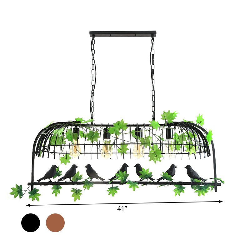 Birdcage Dining Room Island Light Industrial Iron 4-Head Black/Bronze Hanging Pendant with Decorative Plant and Bird Clearhalo 'Ceiling Lights' 'Island Lights' Lighting' 1911239