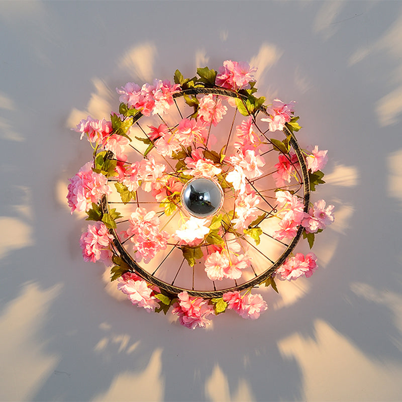 Wheel Iron LED Wall Light Fixture Farmhouse Garage Plant Sconce Lighting in Pink/Green/Rose Red Pink Clearhalo 'Art deco wall lights' 'Cast Iron' 'Glass' 'Industrial wall lights' 'Industrial' 'Middle century wall lights' 'Modern' 'Rustic wall lights' 'Tiffany' 'Traditional wall lights' 'Wall Lamps & Sconces' 'Wall Lights' Lighting' 1911263