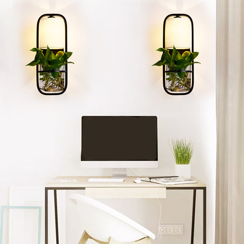 1 Bulb Cylindrical Wall Lamp Lodge Black/White/Gold Fabric Sconce Light in Warm/White Light with Plant Pot Black Clearhalo 'Art deco wall lights' 'Cast Iron' 'Glass' 'Industrial wall lights' 'Industrial' 'Middle century wall lights' 'Modern' 'Rustic wall lights' 'Tiffany' 'Traditional wall lights' 'Wall Lamps & Sconces' 'Wall Lights' Lighting' 1911269