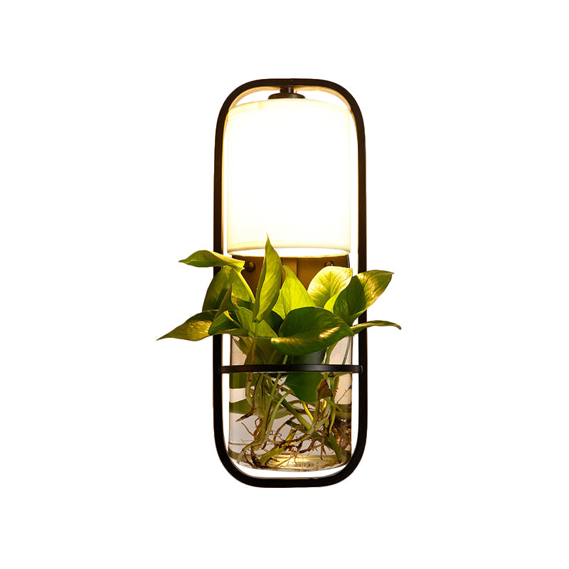 1 Bulb Cylindrical Wall Lamp Lodge Black/White/Gold Fabric Sconce Light in Warm/White Light with Plant Pot Clearhalo 'Art deco wall lights' 'Cast Iron' 'Glass' 'Industrial wall lights' 'Industrial' 'Middle century wall lights' 'Modern' 'Rustic wall lights' 'Tiffany' 'Traditional wall lights' 'Wall Lamps & Sconces' 'Wall Lights' Lighting' 1911270