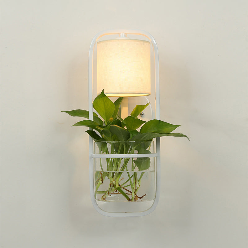 1 Bulb Cylindrical Wall Lamp Lodge Black/White/Gold Fabric Sconce Light in Warm/White Light with Plant Pot Clearhalo 'Art deco wall lights' 'Cast Iron' 'Glass' 'Industrial wall lights' 'Industrial' 'Middle century wall lights' 'Modern' 'Rustic wall lights' 'Tiffany' 'Traditional wall lights' 'Wall Lamps & Sconces' 'Wall Lights' Lighting' 1911275