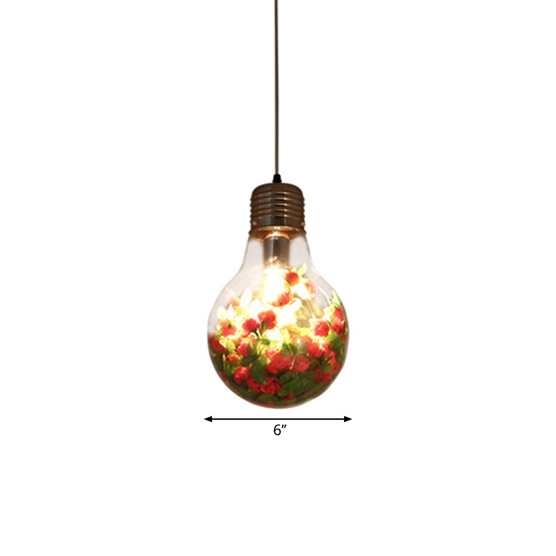 Clear Glass Bulb-Shaped Pendant Light Industrial 1-Light Restaurant Flower Suspension Lamp, 6"/8.5"/12" Width Clearhalo 'Ceiling Lights' 'Close To Ceiling Lights' 'Glass shade' 'Glass' 'Industrial Pendants' 'Industrial' 'Middle Century Pendants' 'Pendant Lights' 'Pendants' 'Tiffany' Lighting' 1911280