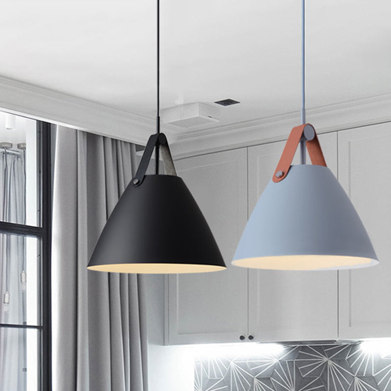 Metal Truncated Cone Drop Pendant Nordic 1-Light Black/Grey/White Suspension Lighting with Leather Strap, 10.5"/14" W Clearhalo 'Ceiling Lights' 'Pendant Lights' 'Pendants' Lighting' 1911306
