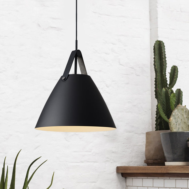Metal Truncated Cone Drop Pendant Nordic 1-Light Black/Grey/White Suspension Lighting with Leather Strap, 10.5"/14" W Clearhalo 'Ceiling Lights' 'Pendant Lights' 'Pendants' Lighting' 1911307