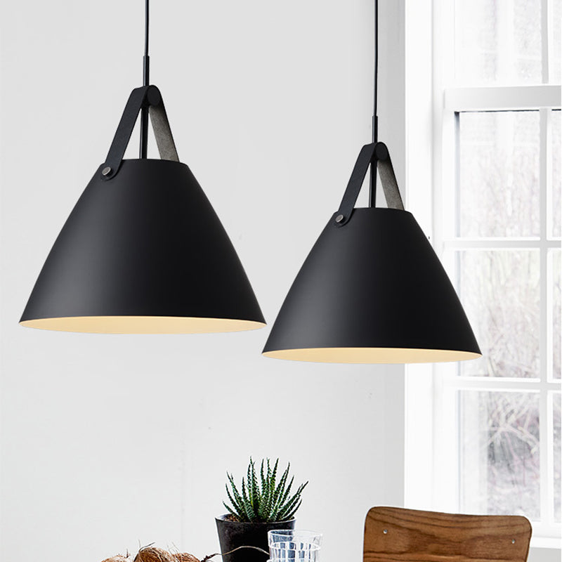 Metal Truncated Cone Drop Pendant Nordic 1-Light Black/Grey/White Suspension Lighting with Leather Strap, 10.5"/14" W Clearhalo 'Ceiling Lights' 'Pendant Lights' 'Pendants' Lighting' 1911308