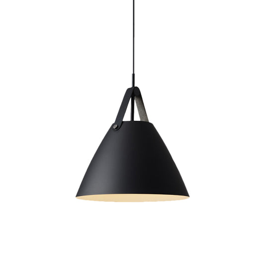 Metal Truncated Cone Drop Pendant Nordic 1-Light Black/Grey/White Suspension Lighting with Leather Strap, 10.5"/14" W Clearhalo 'Ceiling Lights' 'Pendant Lights' 'Pendants' Lighting' 1911309