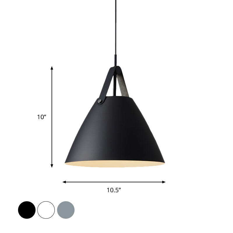 Metal Truncated Cone Drop Pendant Nordic 1-Light Black/Grey/White Suspension Lighting with Leather Strap, 10.5"/14" W Clearhalo 'Ceiling Lights' 'Pendant Lights' 'Pendants' Lighting' 1911310