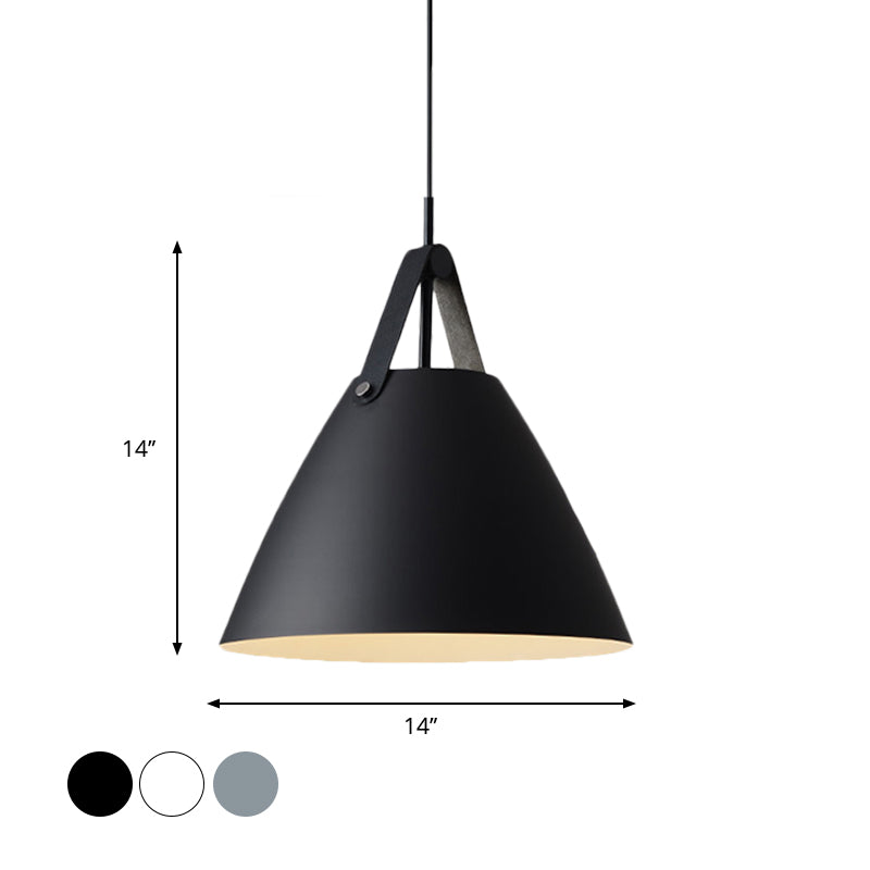 Metal Truncated Cone Drop Pendant Nordic 1-Light Black/Grey/White Suspension Lighting with Leather Strap, 10.5"/14" W Clearhalo 'Ceiling Lights' 'Pendant Lights' 'Pendants' Lighting' 1911311