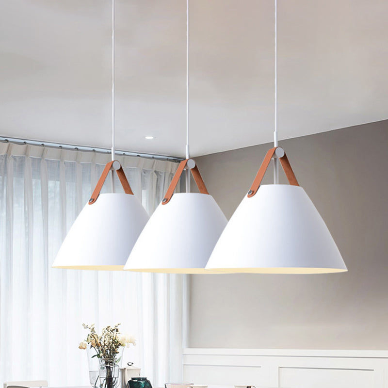 Metal Truncated Cone Drop Pendant Nordic 1-Light Black/Grey/White Suspension Lighting with Leather Strap, 10.5"/14" W Clearhalo 'Ceiling Lights' 'Pendant Lights' 'Pendants' Lighting' 1911312