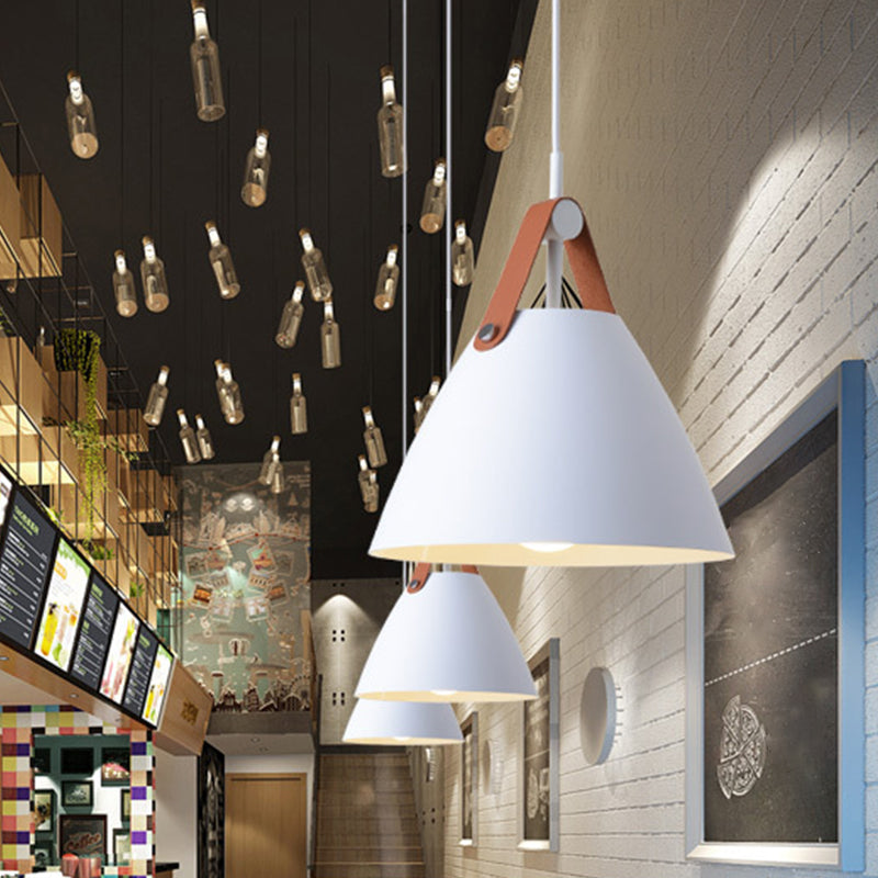 Metal Truncated Cone Drop Pendant Nordic 1-Light Black/Grey/White Suspension Lighting with Leather Strap, 10.5"/14" W Clearhalo 'Ceiling Lights' 'Pendant Lights' 'Pendants' Lighting' 1911313