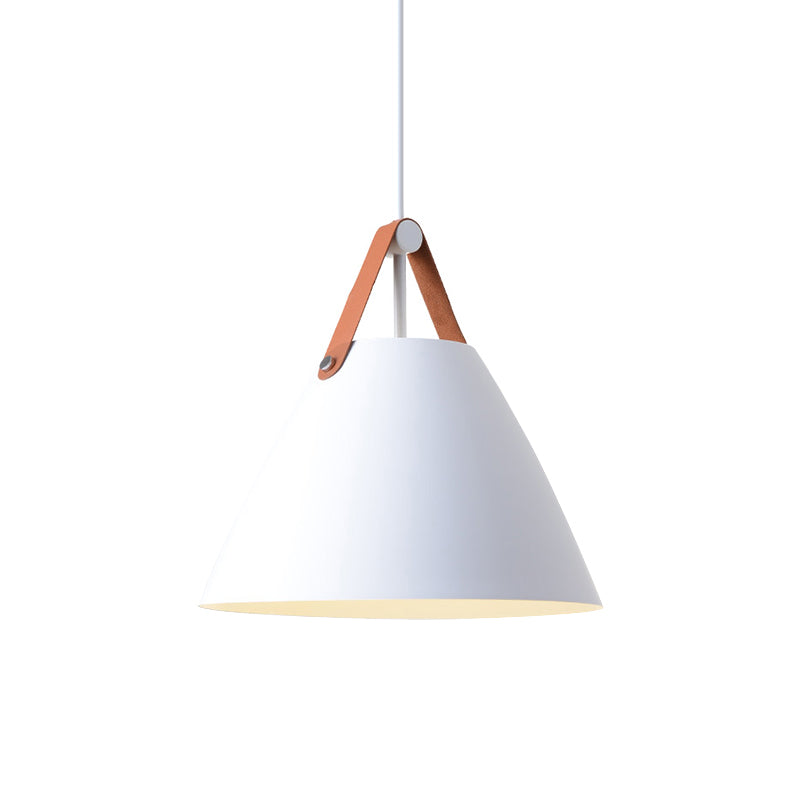 Metal Truncated Cone Drop Pendant Nordic 1-Light Black/Grey/White Suspension Lighting with Leather Strap, 10.5"/14" W Clearhalo 'Ceiling Lights' 'Pendant Lights' 'Pendants' Lighting' 1911314