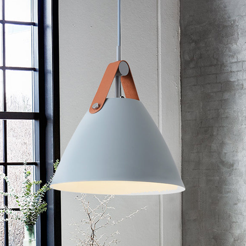 Metal Truncated Cone Drop Pendant Nordic 1-Light Black/Grey/White Suspension Lighting with Leather Strap, 10.5"/14" W Clearhalo 'Ceiling Lights' 'Pendant Lights' 'Pendants' Lighting' 1911315