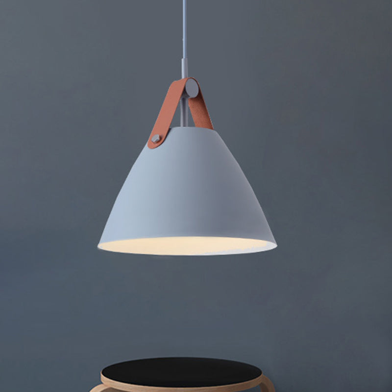 Metal Truncated Cone Drop Pendant Nordic 1-Light Black/Grey/White Suspension Lighting with Leather Strap, 10.5"/14" W Clearhalo 'Ceiling Lights' 'Pendant Lights' 'Pendants' Lighting' 1911316