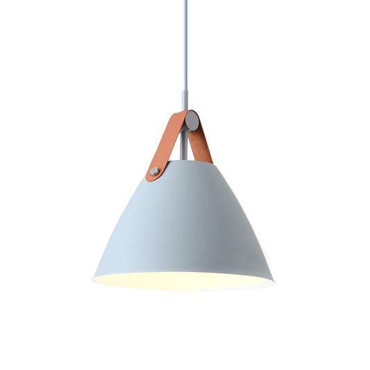 Metal Truncated Cone Drop Pendant Nordic 1-Light Black/Grey/White Suspension Lighting with Leather Strap, 10.5"/14" W Clearhalo 'Ceiling Lights' 'Pendant Lights' 'Pendants' Lighting' 1911317
