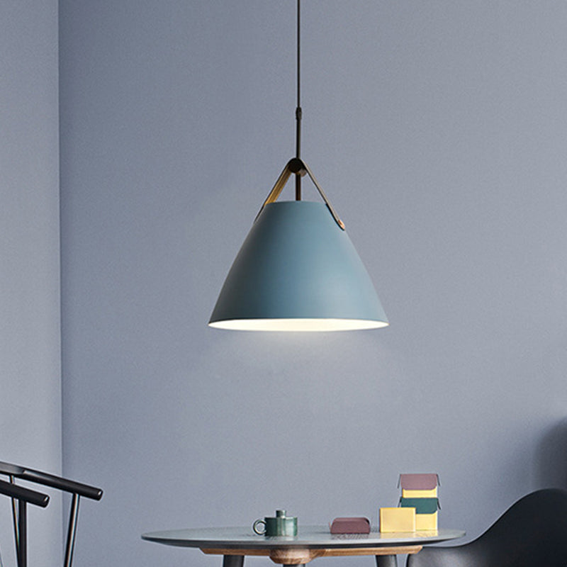 Truncated Cone Snack Bar Hanging Light Kit Aluminum 1-Head Macaron Pendant Light Fixture in Pink/Blue/Yellow with Leather Strap Clearhalo 'Ceiling Lights' 'Pendant Lights' 'Pendants' Lighting' 1911344