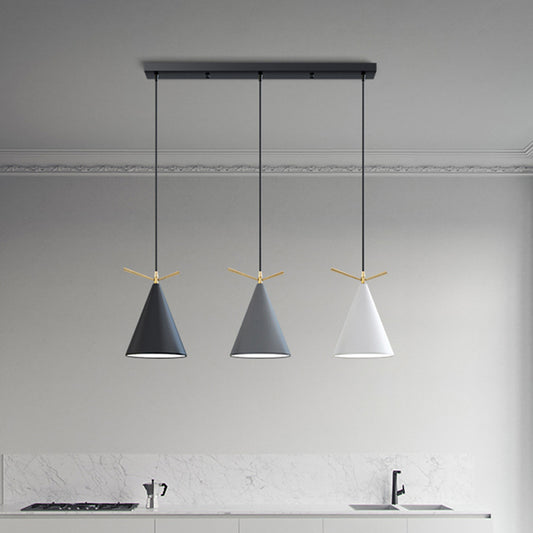 Cone Shade Cluster Pendant Nordic Metallic 3-Light Black/Black-Grey-White/White Hanging Lamp with Antler Decor and Round/Linear Canopy Clearhalo 'Ceiling Lights' 'Pendant Lights' 'Pendants' Lighting' 1911356