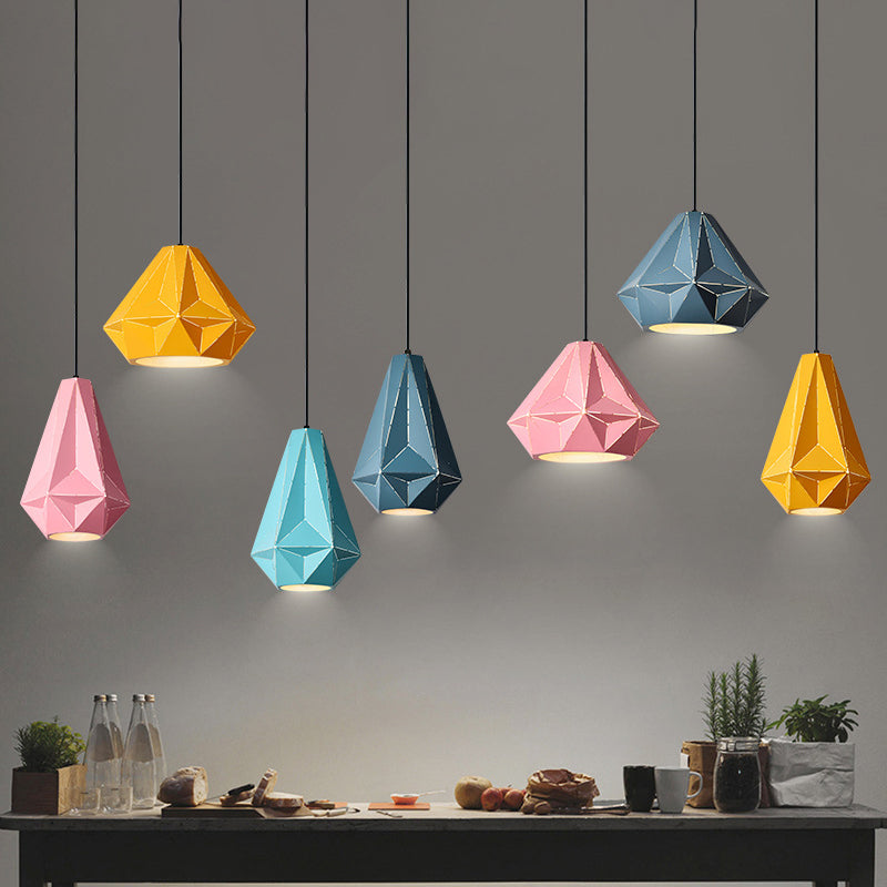 Iron Origami Diamond Pendulum Light Macaron Single-Bulb Suspension Pendant Light in Yellow/Dark Blue/Pink Clearhalo 'Ceiling Lights' 'Pendant Lights' 'Pendants' Lighting' 1911522